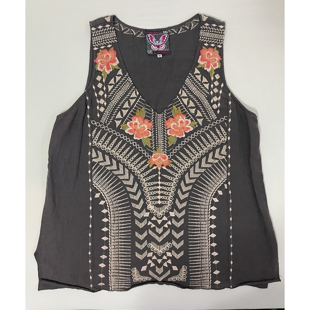 Johnny Was Boho Floral Embroidered 100% Linen‎ Tank Size Medium Gray